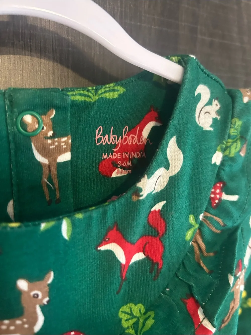 Baby Boden 3-6M Woodland Fox Deer Ruffle Dress Green EUC appears NWOT